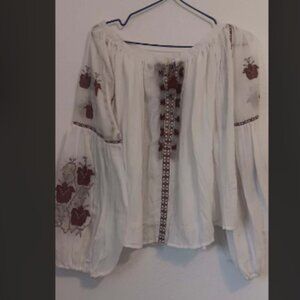 Long Sleeve Boho Peasant Shirt Top Embroidered Blouse Casual Loose